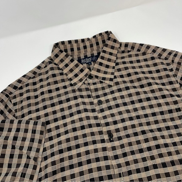 Nat Nast Mens Shortsleeved Shirt Silk Blend‎ Vented Black & Tan Checked Size Lg. - Picture 1 of 9